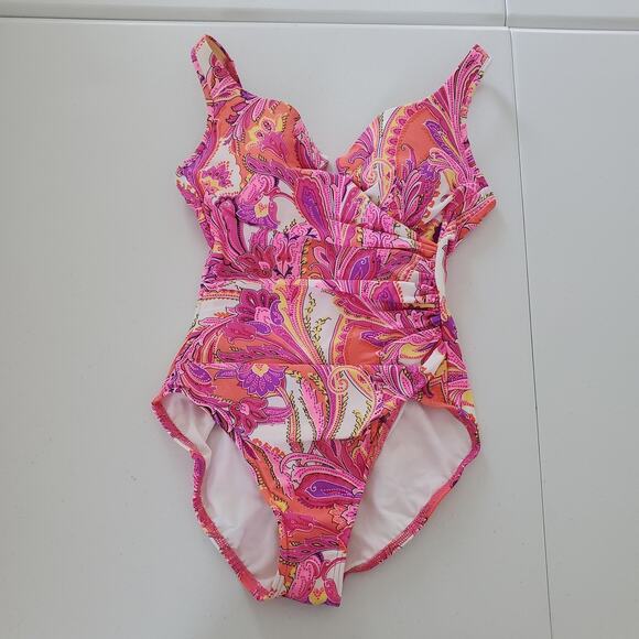 Miraclesuit Swimsuit Womens 10 Pink Paisley One Piece Tummy Control Slimming - Picture 1 of 9